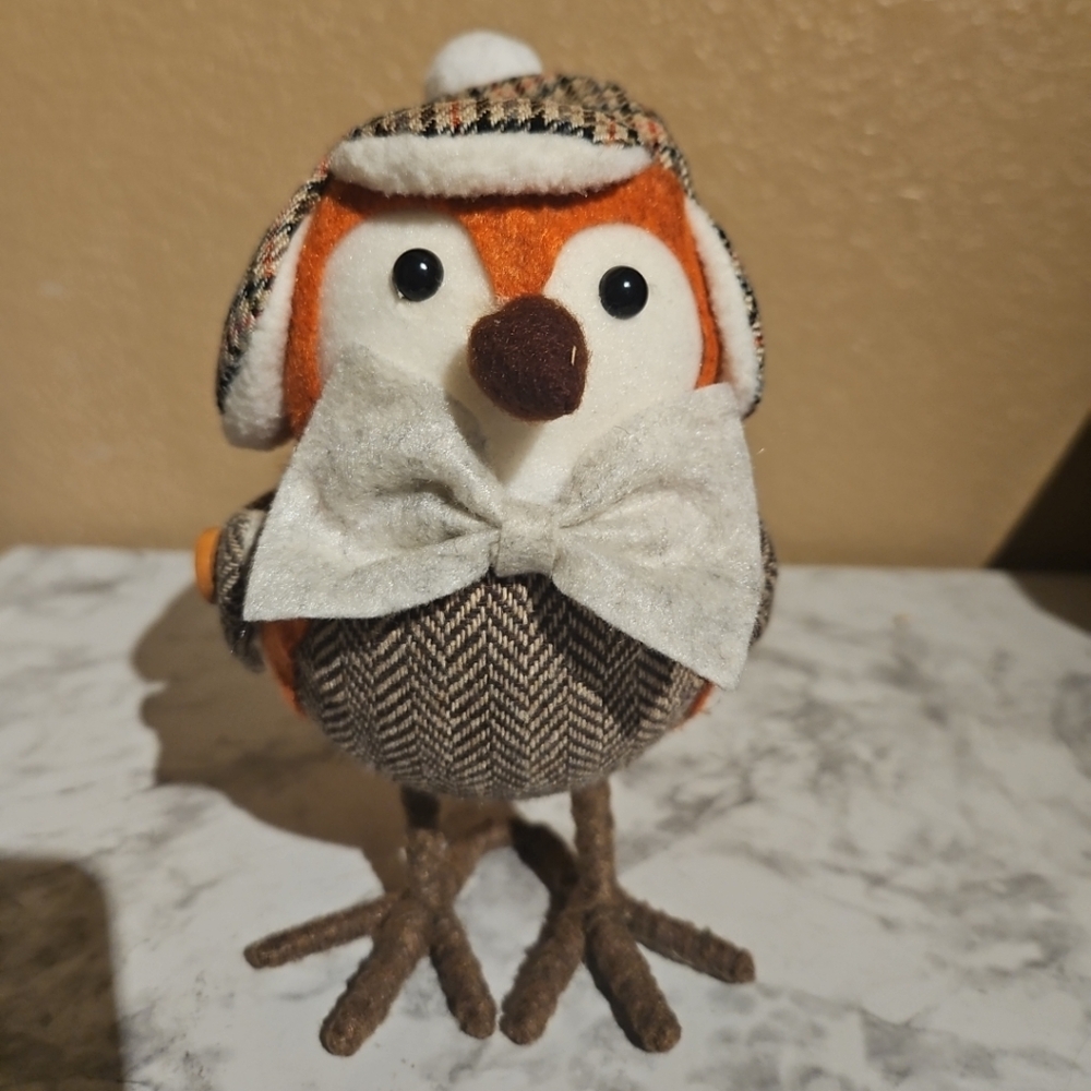 Target Spritz Fall Autumn Whimsical Felt Tweed Bird Figurine With Hat & Bow Tie